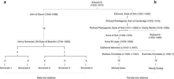 Genealogical links between Richard III and modern-day relatives who participated in this study.