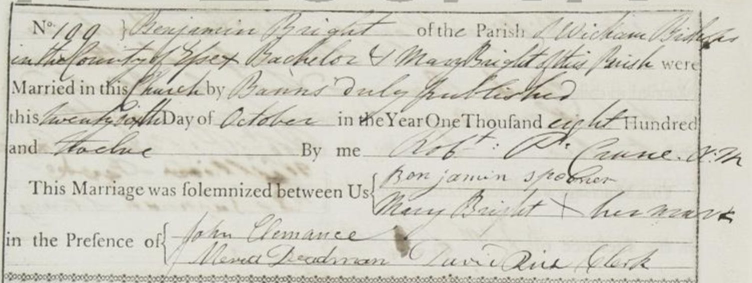 Register entry showing the marriage of Benjamin Bright to Mary Bright on 26th October 1812